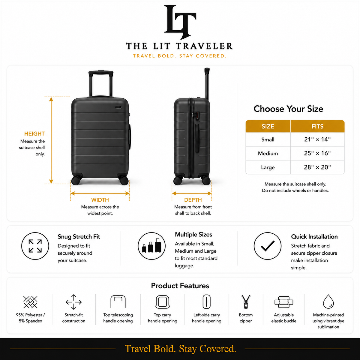 The Lit Traveler luggage cover size guide showing how to measure suitcase height, width, and depth for small, medium, and large covers.